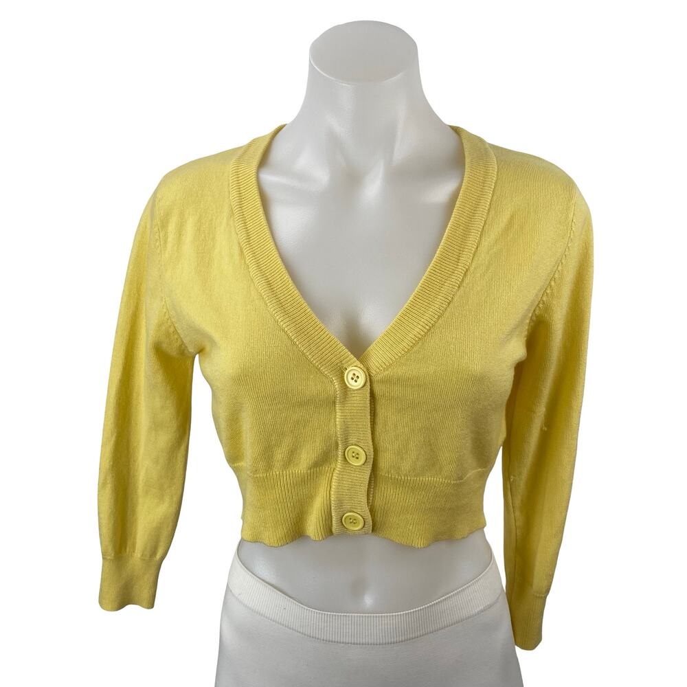 Mak Women's Yellow V Neck 3/4 Sleeve Button Down Crop Cardigan Sweater Top Sz L